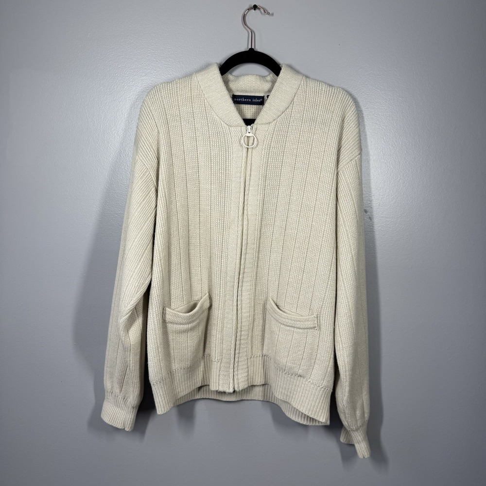 Northern Isles Cardigan Sweater Mens XL Full Zip Pockets Cream Beige Vintage‎